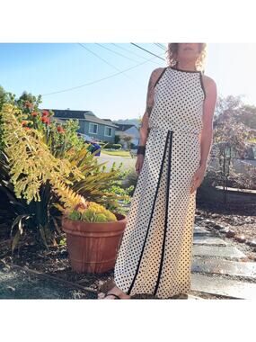 Vintage 80s Black White Polka Dot Halter Maxi Dress Blouson USA S/M